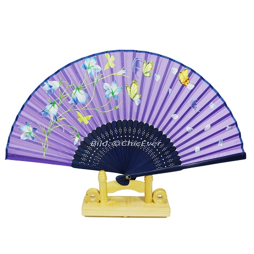 Fächer Handfächer aus Bambus & Baumwolle blau lila violett gelb Blumen Schmetterlinge Handarbeit 7289 - zum Schließen ins Bild klicken